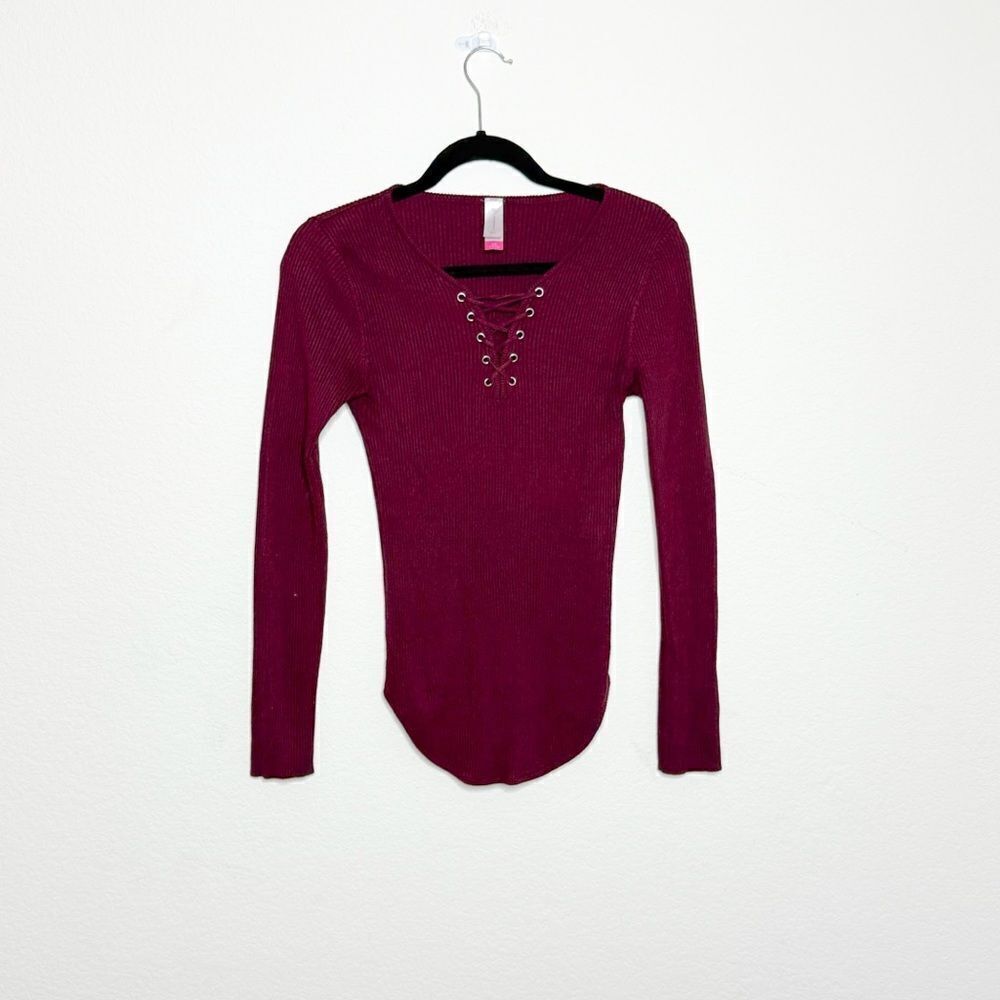 No Boundaries Women's Burgundy Lace-Up Ribbed Knit Long Sleeve Top Size L/11-13